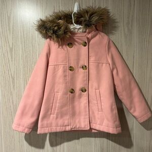 Cherokee Girls Light Pink Pea Coat with Faux Fur Trimmed Hood, Sz 6/6X